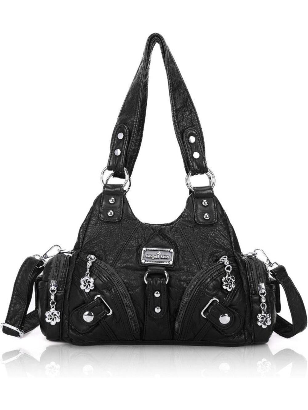 Women's Black PU leather Zipper Multi-Pocket Small Hobo Shoulder Bag